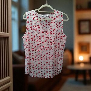 Rose & Olive Cherry Patterned V-Neck Blouse - White and Red size Large